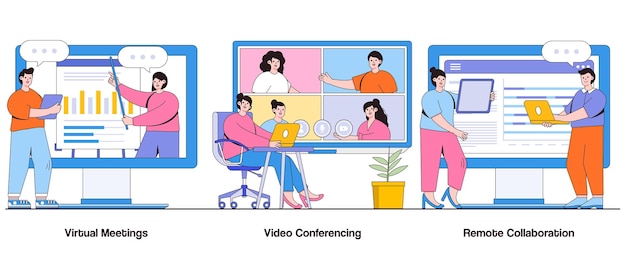 Vector virtual meetings video conferencing remote collaboration concept with character digital communication abstract vector illustration set connectivity efficiency virtual teamwork metaphor