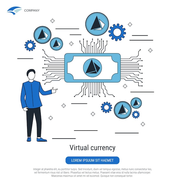 Virtual money digital money cryptocurrency flat contour style vector concept illustration