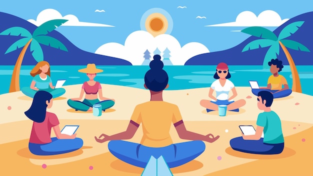 A virtual reality beach setting where participants take turns leading a guided meditation focused on