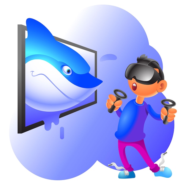 virtual reality cartoon illustration shark popping out from the display