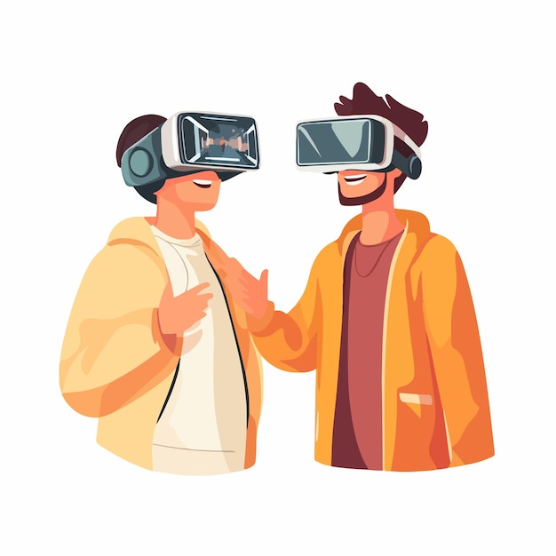 Vector virtual reality communication person wearing vr headset talking to friend via video call