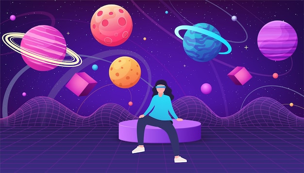 Virtual reality concept metaverse Girl in virtual reality glasses in space among planets