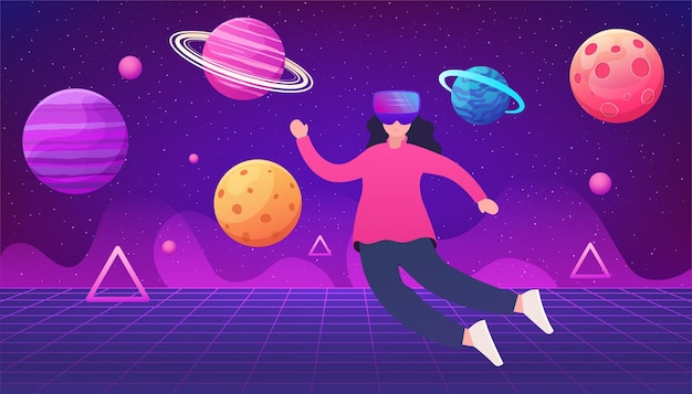 Virtual reality concept metaverse Girl in a VR helmet flies in space among the planets