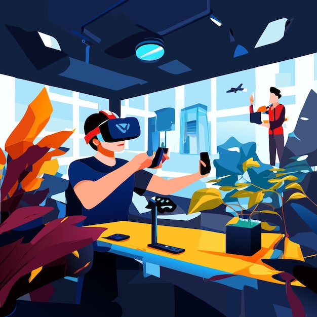 Vector virtual reality experiences immersive scenes depicting virtual reality environments with people