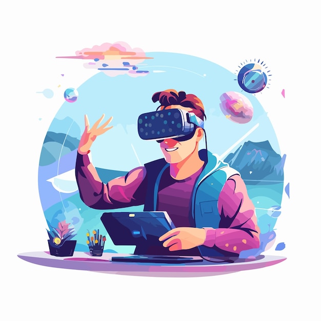 Virtual Reality Flat Vector Illustration for Online Gaming