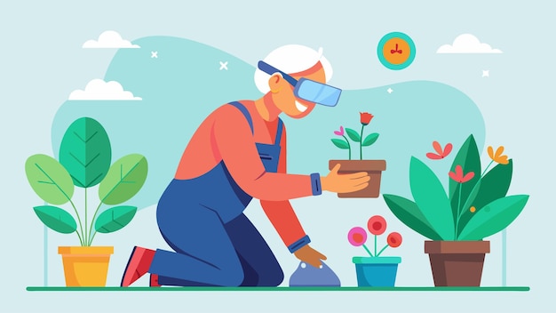 A virtual reality gardening experience where seniors can plant and care for virtual gardens with