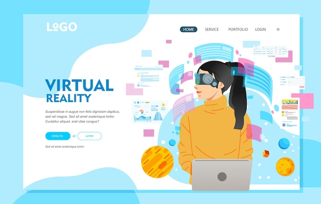 Virtual Reality glasses concept, with young women wearing virtual reality glasses while work with laptop.