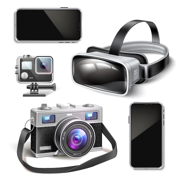 Virtual reality headset, air drone action and vintage camera illustration