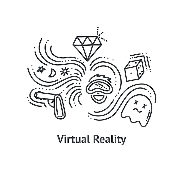 Virtual reality print in doodle style. Outline vector illustration