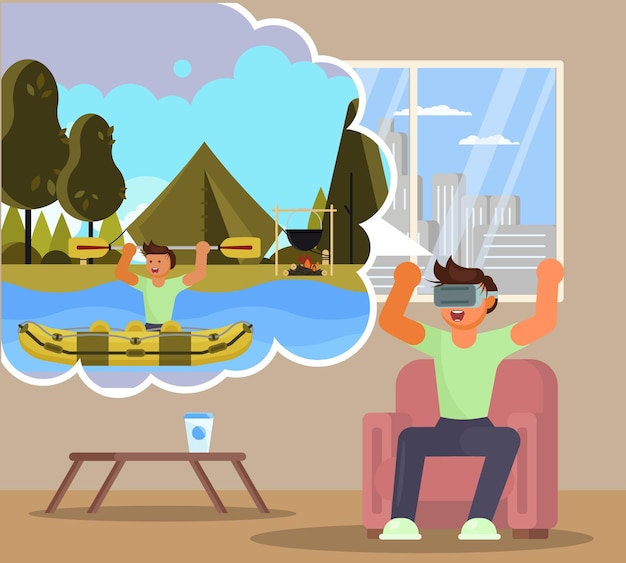 Vector virtual reality rafting vector flat illustration