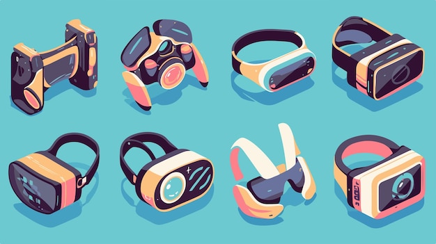 Vector virtual reality set icons in linear silhouette and flat styles