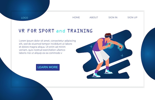 Vector virtual reality for sports and training landing page templateman in vr headset boxing