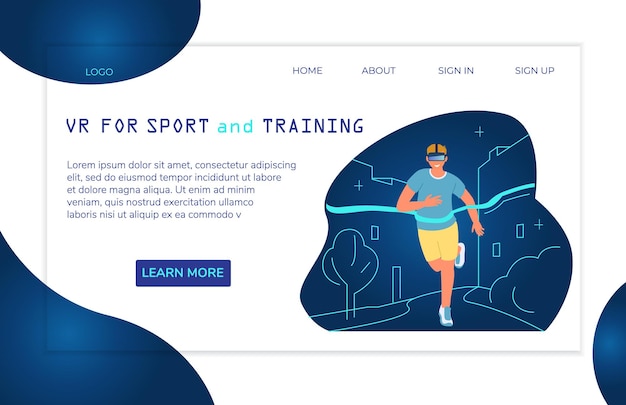 Vector virtual reality for sports and training landing page templaterunning man crosses finishing line