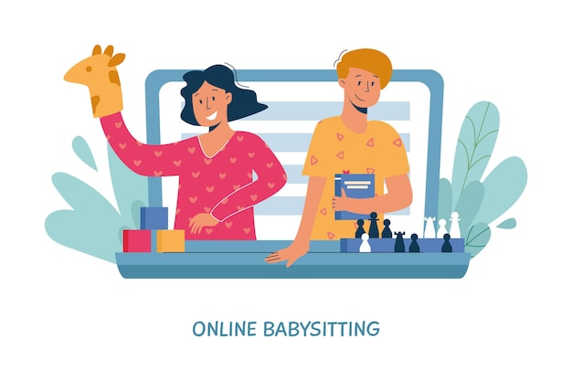 Virtual sitter, online babysitting service, remote teaching concept.