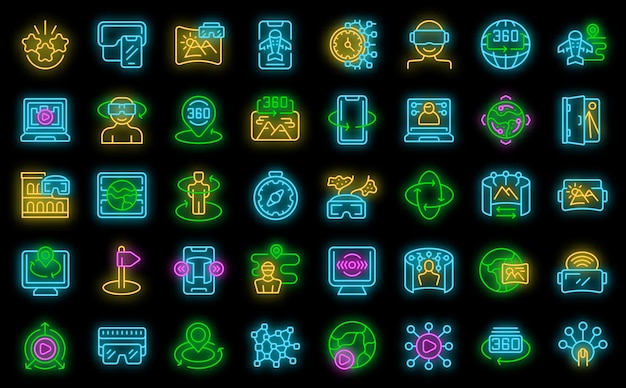 Virtual travel icons set vector neon