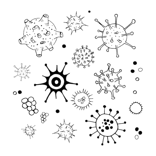 Virus and bacteria doodle set. Collection of simple hand drawn illustrations. Isolated on white. Vector.