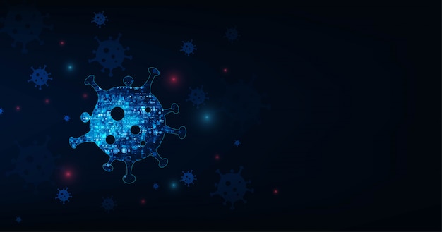 Virus cell flowing viral disease outbreak concept. Microscopic view of infectious virus. Contagion and propagation of disease. COVID-19 (coronavirus).