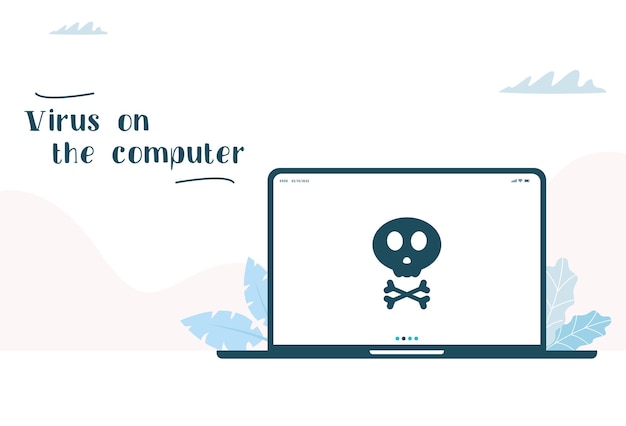 Virus on the computer. Malware caution concept, spam data, fraud internet error, insecure risk danger connection, online scam, virus ransomware note. Vector image