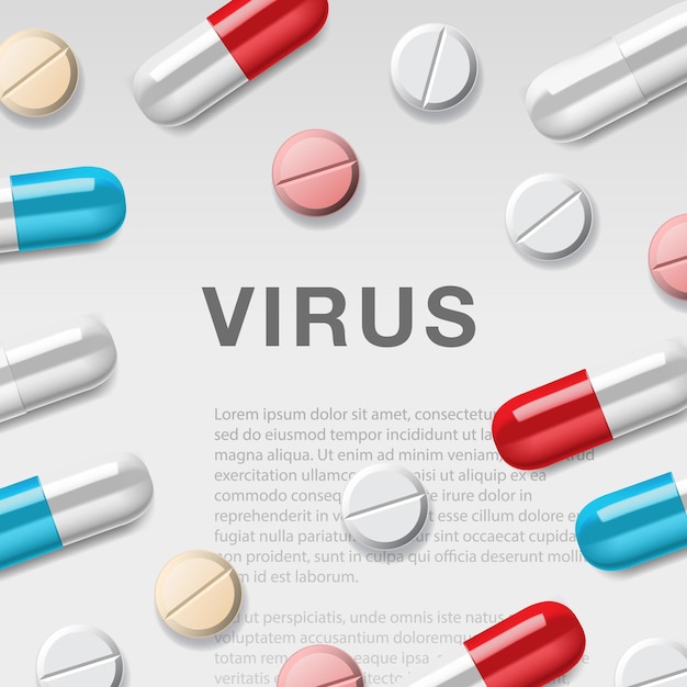 Virus concept with syringes and medication information background mockup vector illustration