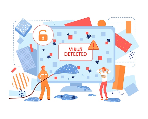 Virus detected business security from hacker vector illustration Warning alert at computer screen man data protection in office