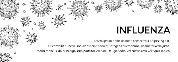 Vector virus horizontal background in sketch style