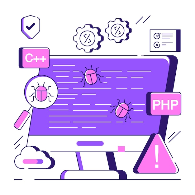 Vector virus under magnifying glass debugging illustration