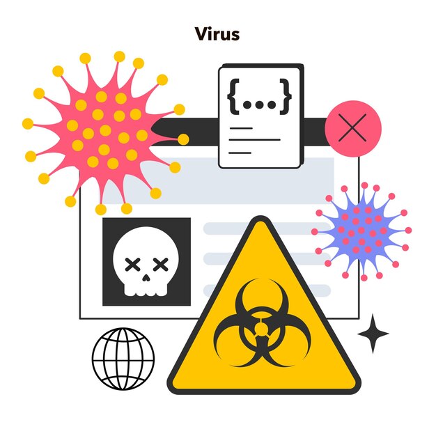 Vector virus malicious software computer malware cyber attack or crime technology hazard program replicates