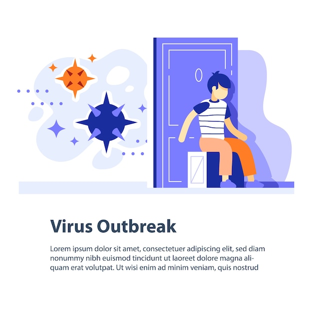 Virus outbreak concept, respiratory disease epidemic, flue risk seasonal period, precaution or preventive measure, influenza molecule in air, advisory information, fear of getting sick