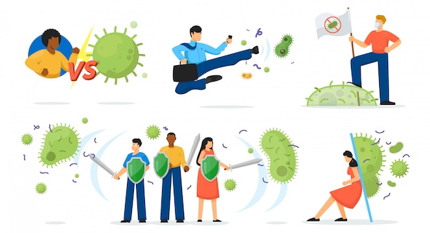 Virus protection set. Isolated person cartoon character with sword and shield fighting corona virus covid-19, germ and bacterium collection. Vector medicine and health protection concept illustration