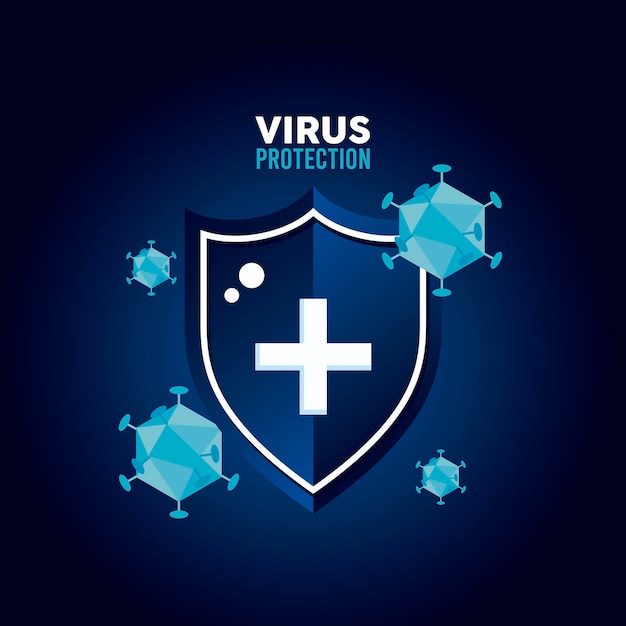 Virus protection shield with particles color blue and lettering  illustration 