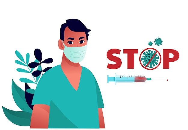 Virus Vaccine poster. Doctor and word Stop with syringe.