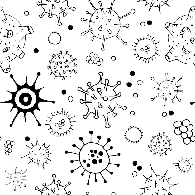 Viruses and bacteria doodle pattern. Seamless backdrop. Microbiology vector bacterial cells on transparent background.