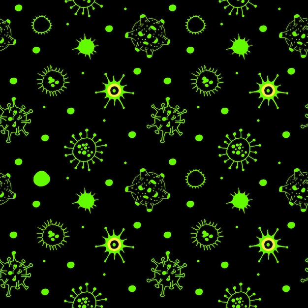 Vector viruses and bacteria pattern. seamless backdrop. green hand drawn illustrations. microbiology vector bacterial cells on black background.