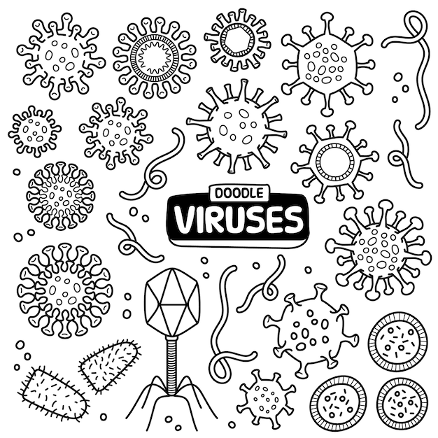 Viruses Black and White Doodle Illustration.