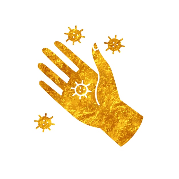 Viruses on human hand palm drawing in gold color style