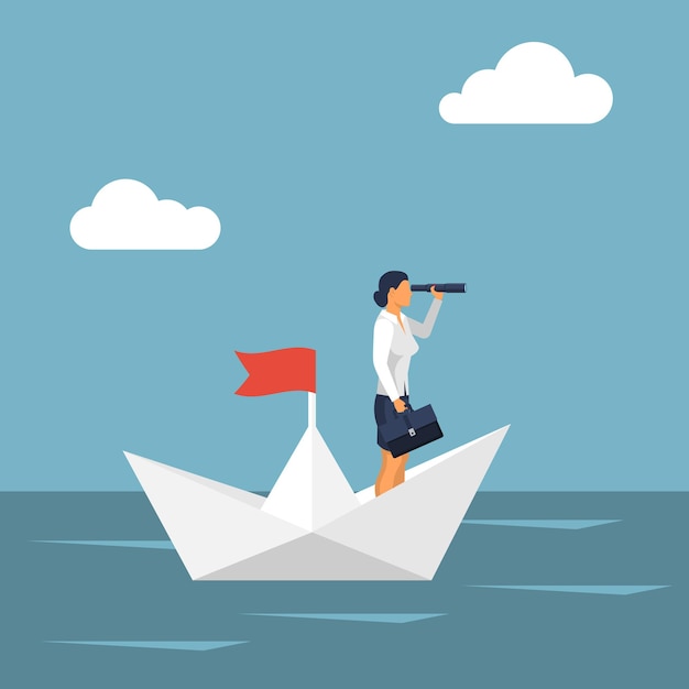 Vision business concept. Successful businesswoman standing on paper ship looking in telescope, seeing future. Vector design. Spyglass in hand. Search solution. Forward looking person. Miniature people