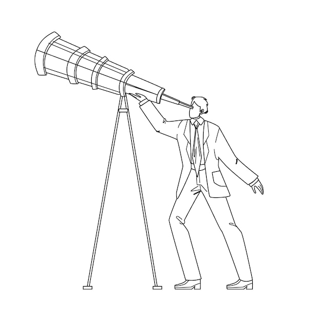 Visionary Businessman Looking Into Spyglass Black Line Pencil Drawing Vector. Visionary Man Watching In Telescope. Character Guy Manager Leadership Business Vision, Recruitment Employee Illustration