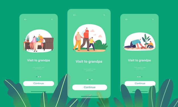 Visit to Grandpa Mobile App Page Onboard Screen Template Children Playing Read Walk in Park Together with Grandfather