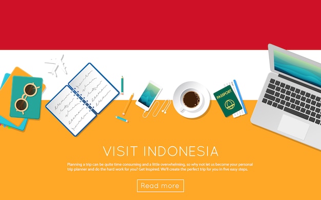 Visit Indonesia concept for your web banner or print materials. Top view of a laptop, sunglasses and coffee cup on Indonesia national flag. Flat style travel planninng website header.