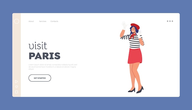 Vector visit paris landing page template classic look french female mime showing pantomime holding hands on invisible wall