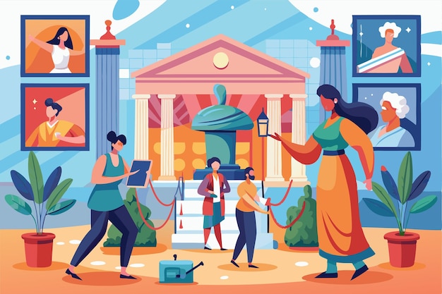 Vector visitors interact with customizable exhibits outside a museum showcasing a blend of art and technology new normal in museums customizable semi flat illustration