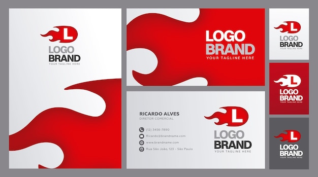 Visual identity with fire-shaped logo in red and gray