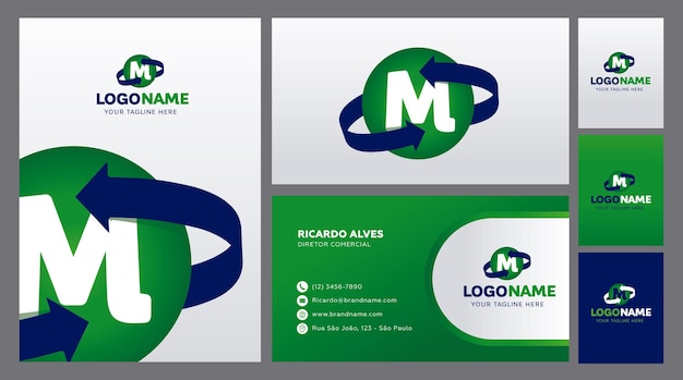 Visual identity with logo and arrows for companies in blue and green colors