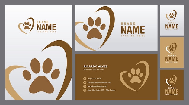 Visual identity with logo for pet companies with heart and paws in brown