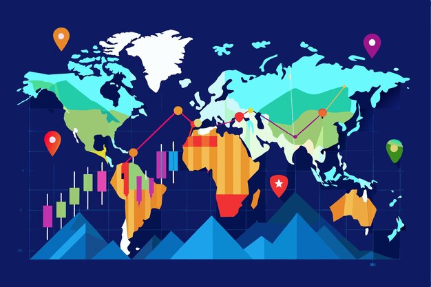 Vector a visual representation of global stock market trends and analysis through geographic and statistical data global stock market analysis metaphor