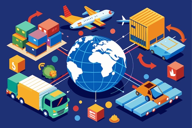 Vector visual representation of international trade involving cargo shipping air freight and land transport international trade via transfer