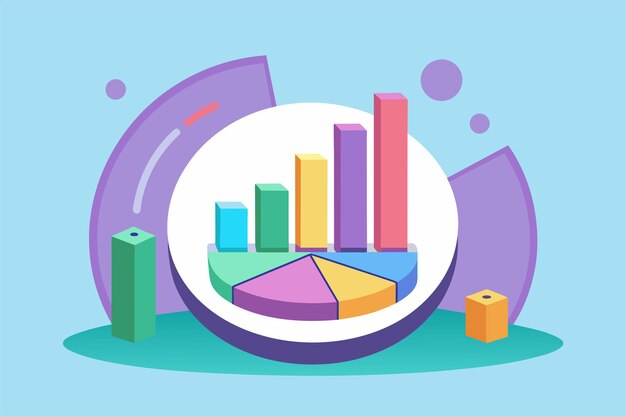 Vector a visual representation of resource usage with bar graphs and pie charts in bright colors on a pastel background examine resource usage simple picture