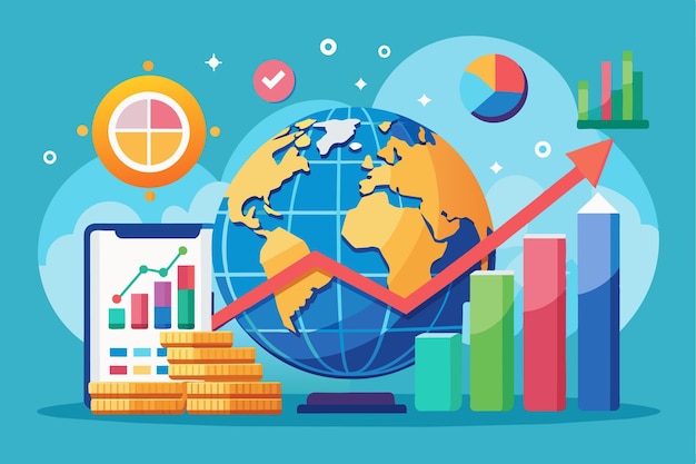 A visual representation of rising stock market trends with graphs charts and a globe Global stock market increase analysis