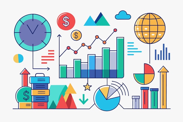 Vector visual representation of trade analysis showcasing charts graphs and financial symbols for market insights analyze trades simple picture