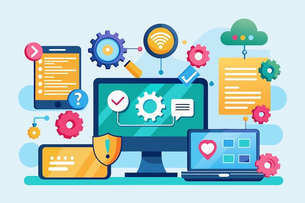 Visual representation of various software programming issues and solutions displayed on devices Computer software programming issues illustrated in a flat style